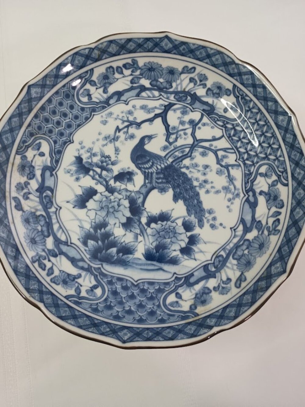 Vintage Toyo Japan Blue and White Peacock Plate/Serving Bowl on a Pedestal